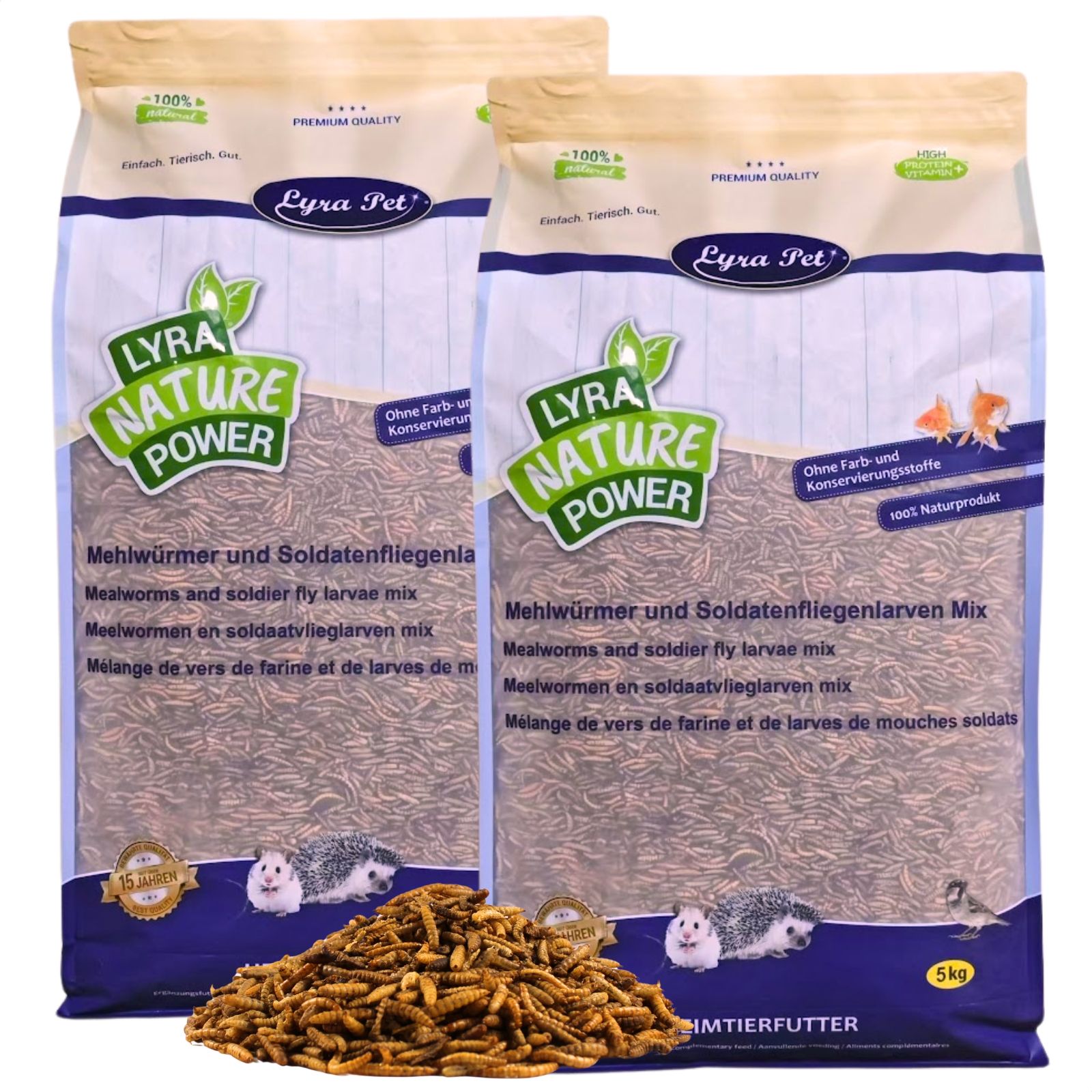 Zwei "Lyra Pet" Säcke "Lyra Nature Power" Vogelfutter, mit Mehlwürmern und Soldatenfliegenlarven.