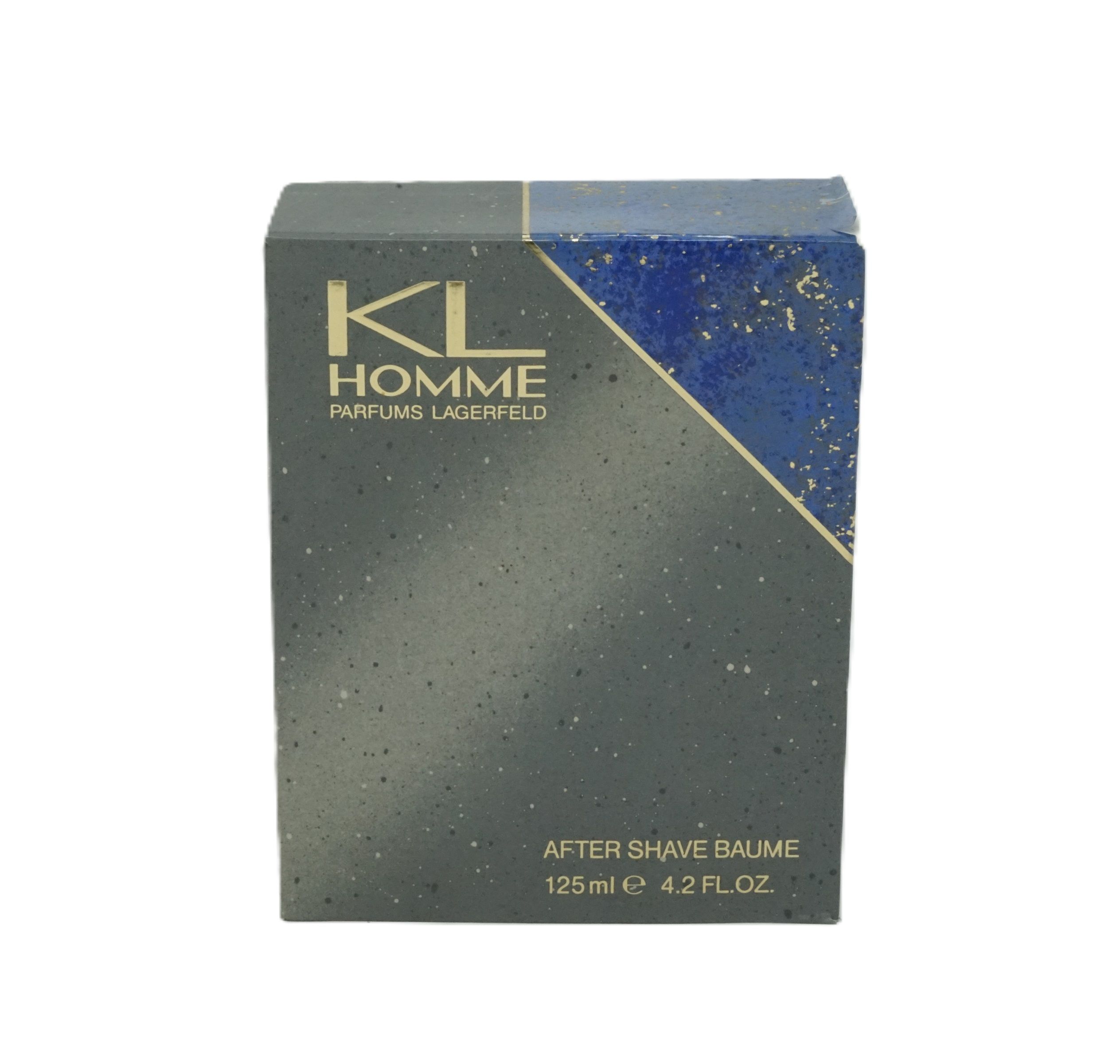After Shave Balm-Verpackung. Dunkelgrau mit blauem Akzent. Aufschrift: KL Homme, After Shave Baume, 125 ml.