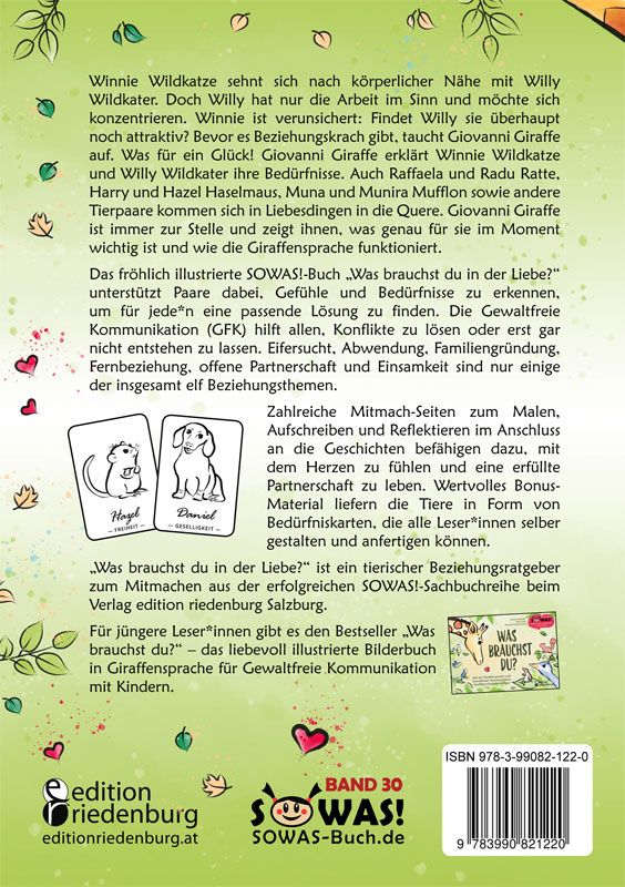 Rückseite des Buches "Was brauchst du in der Liebe?". Text, Illustrationen, Verlagslogo und ISBN-Code.