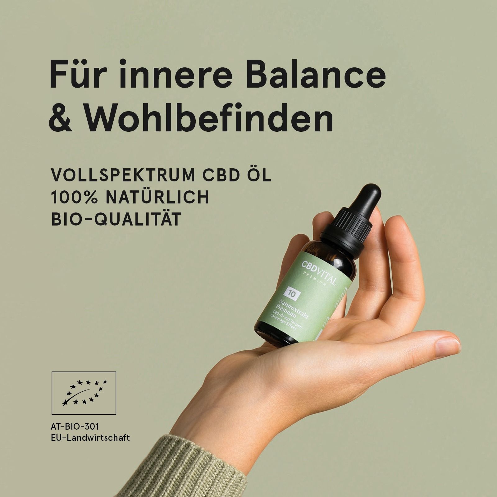 Hand hält eine Flasche CBD VITAL Bio CBD 10% Naturextrakt Premium Hanföl. Bio-Siegel und Text.