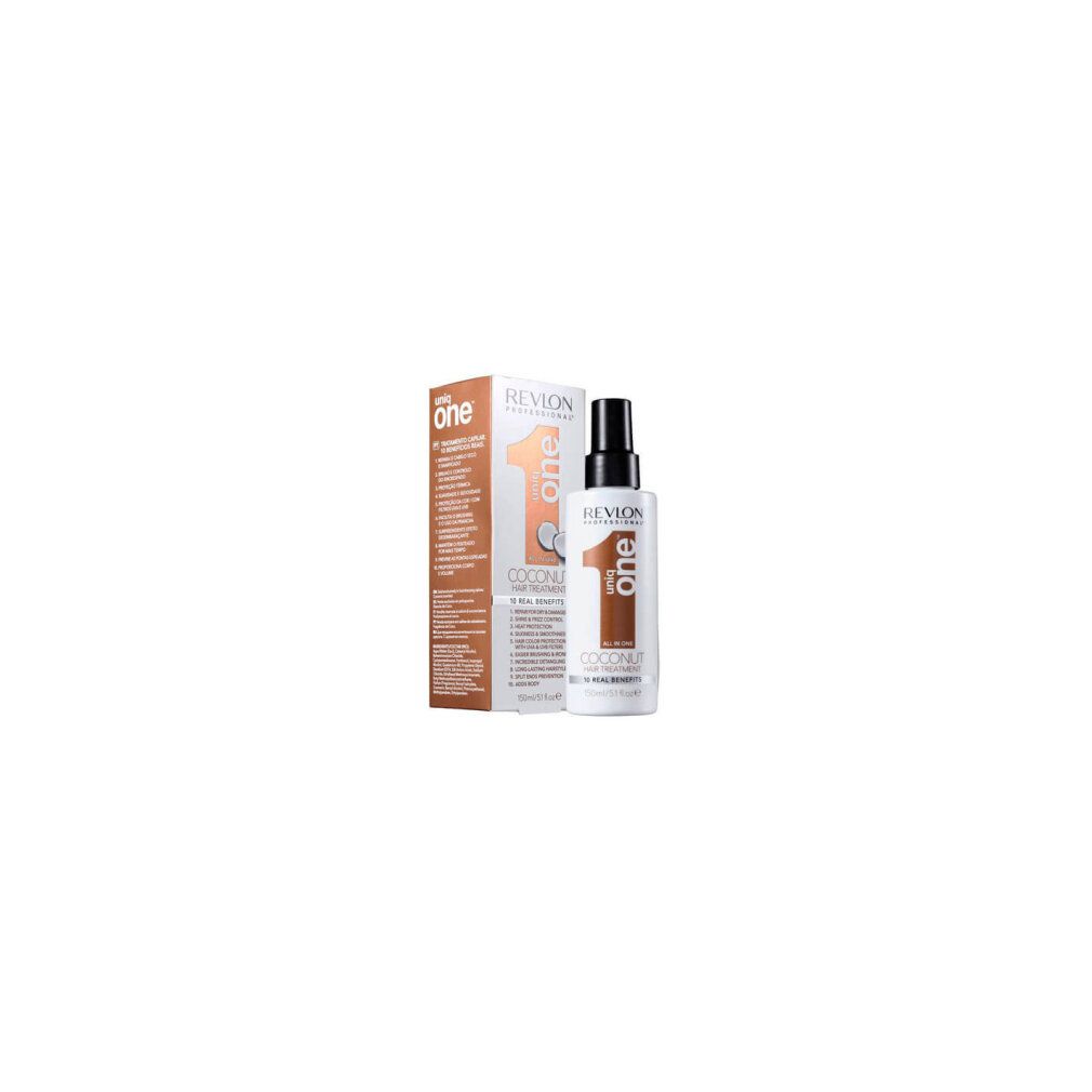Produktflasche und Verpackung. Aufschrift: Revlon Professional Uniq One All in One Coconut Hair Treatment. 10 Vorteile.