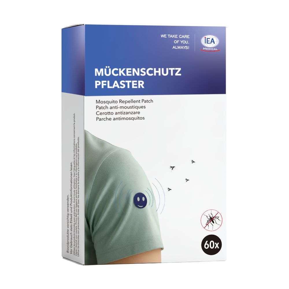 Verpackung von IEA Medical Mückenpflaster. Blaue und weiße Schachtel mit Produktnamen und Logo. 60 Stück.