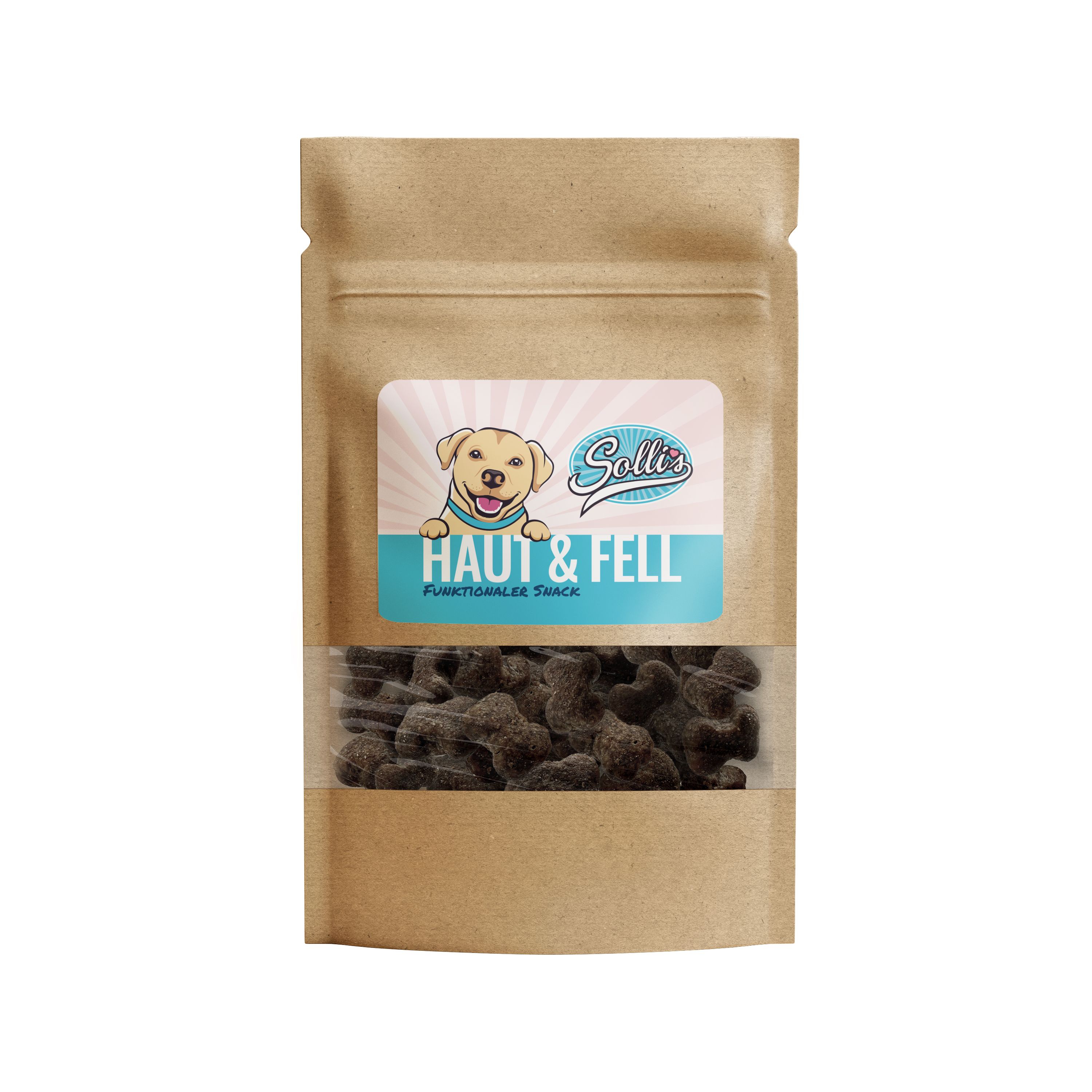 Papiertüte mit transparentem Fenster. Sichtbar: braune Snacks. Aufdruck: Sollis, Haut & Fell, funktionaler Snack.