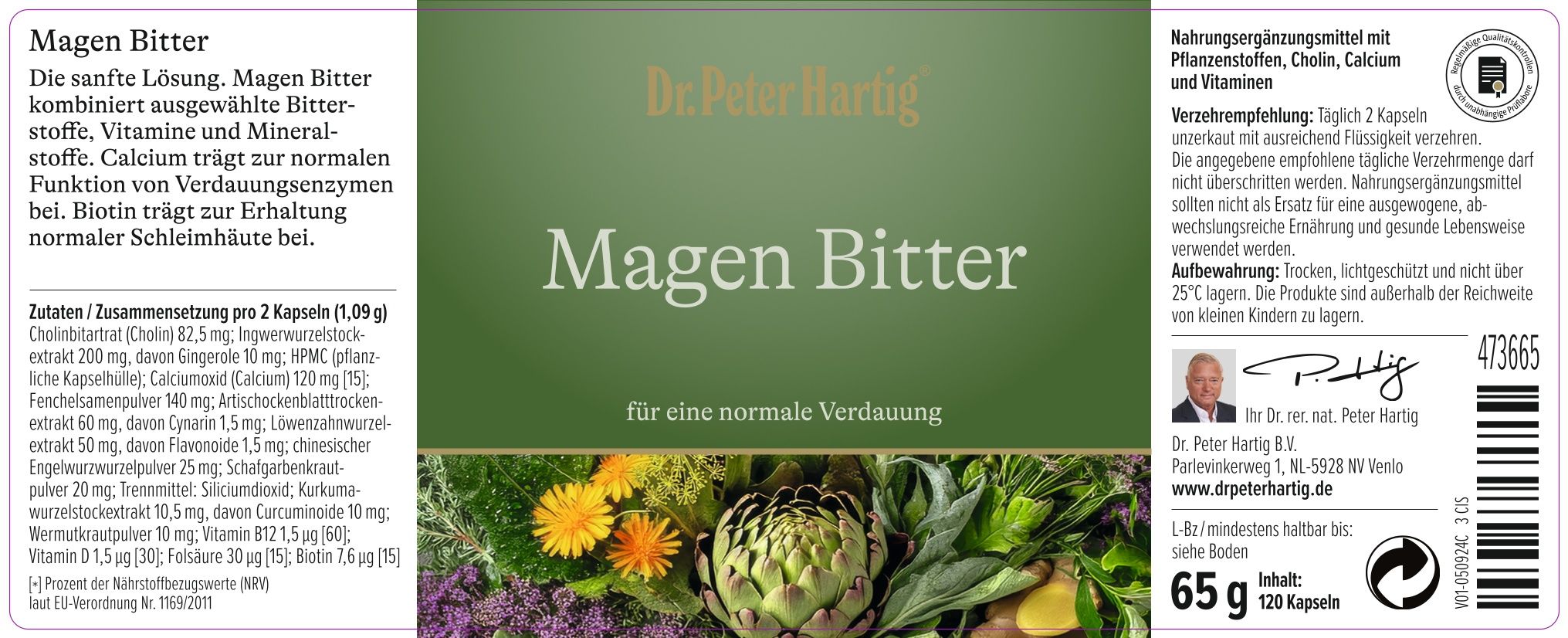 Produktetikett mit Text: Magen Bitter, für eine normale Verdauung. Inhaltsstoffe, Nährwertangaben, Herstellerinformationen.