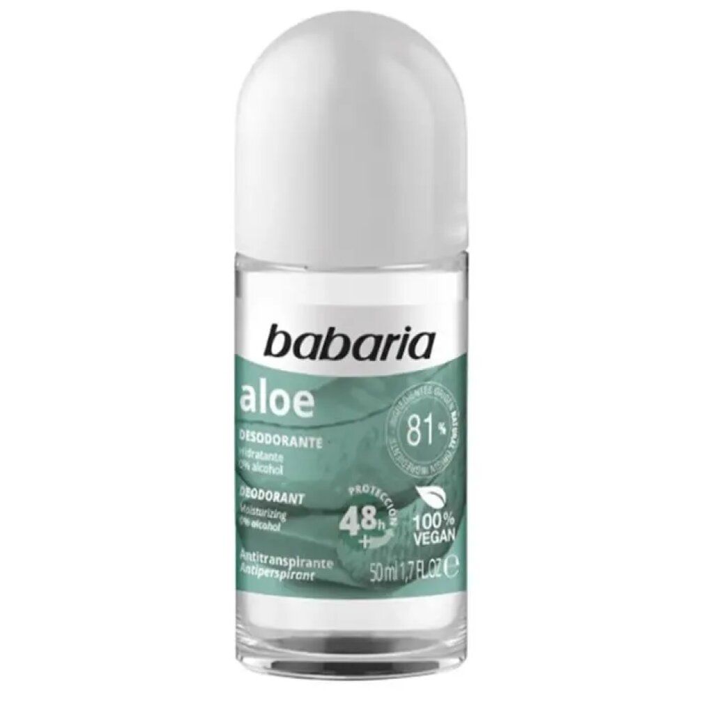 Babaria Aloe Vera Roll-on-Deodorant. Weißer Deckel, transparente Flasche. Text: Aloe, Desodorante, 0% Alkohol, 48h Schutz, 100% vegan.