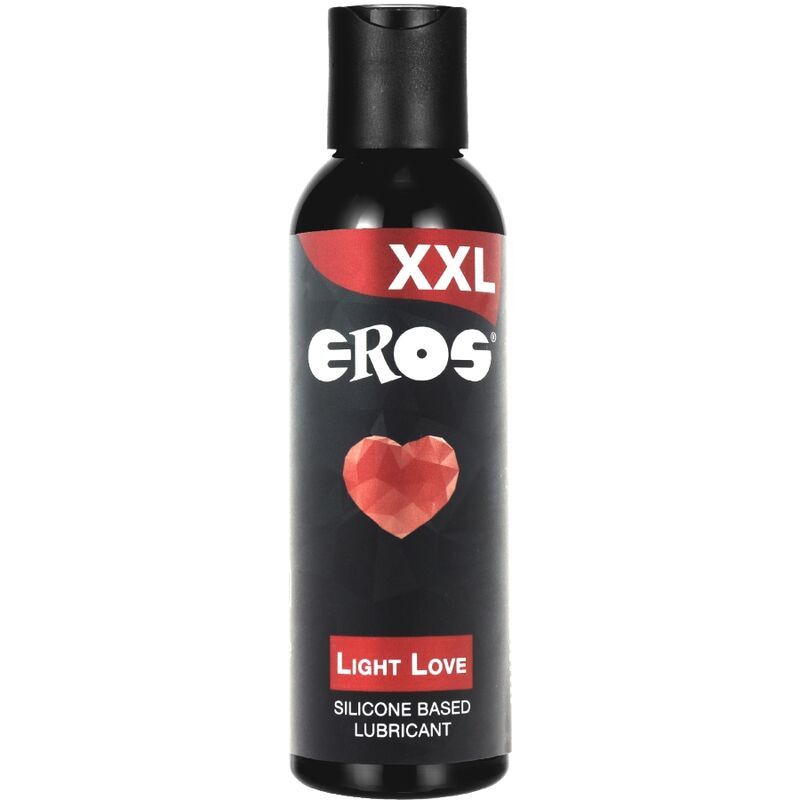 Eine Flasche mit schwarzem Etikett. Aufschrift: XXL EROS Light Love. Rotes Herz und roter Streifen. Aufschrift: Silicone Based Lubricant.