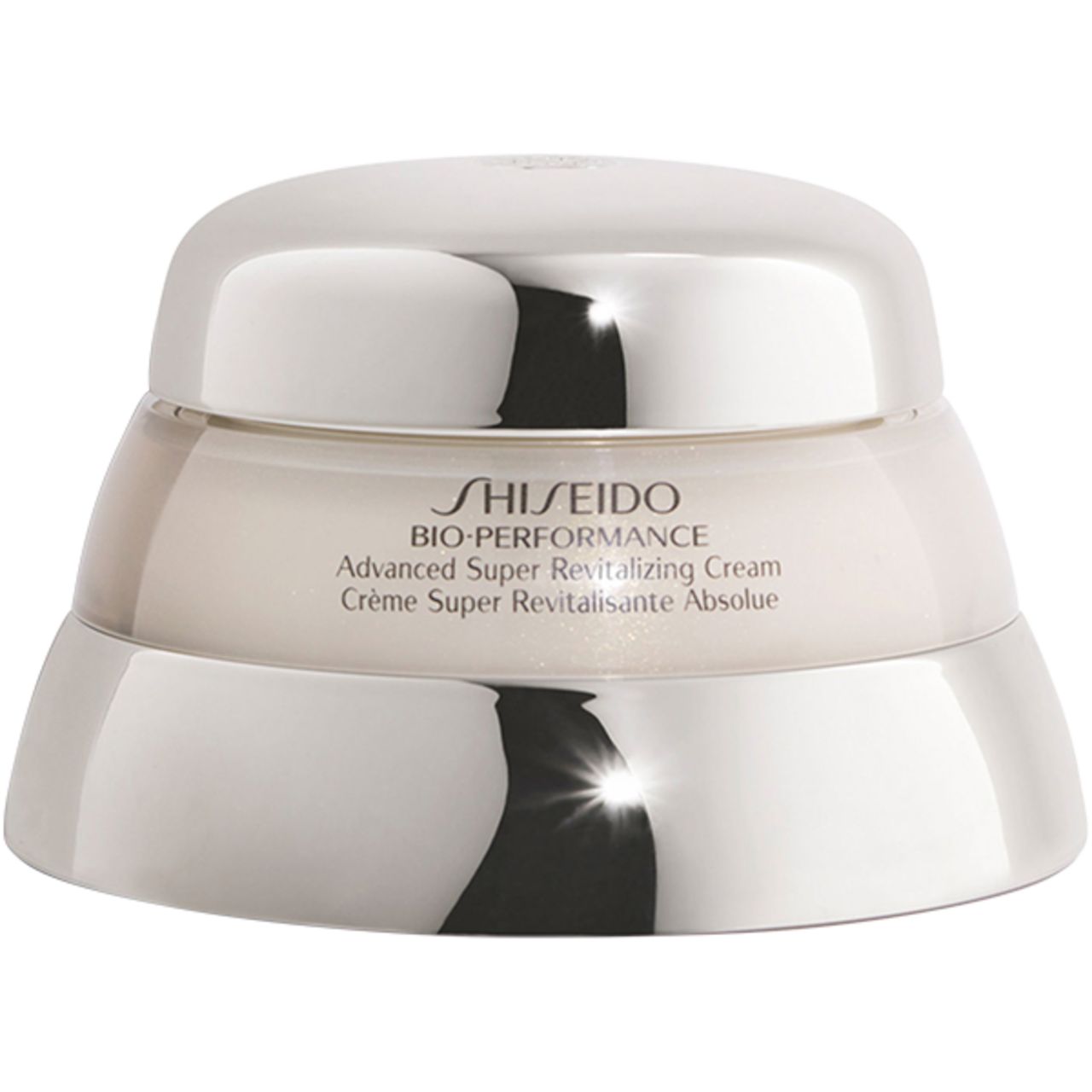 Cremebehälter mit silberfarbenem Deckel. Aufschrift: Shiseido Bio-Performance Advanced Super Revitalizing Cream.