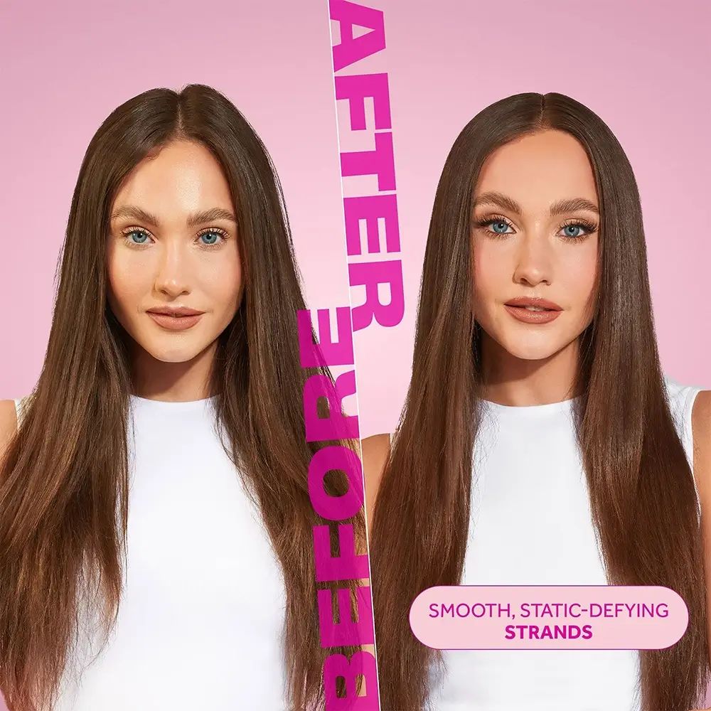 Vorher-Nachher-Bild von zwei Frauen mit glattem Haar. Text: Glatte, statikfreie Strähnen.