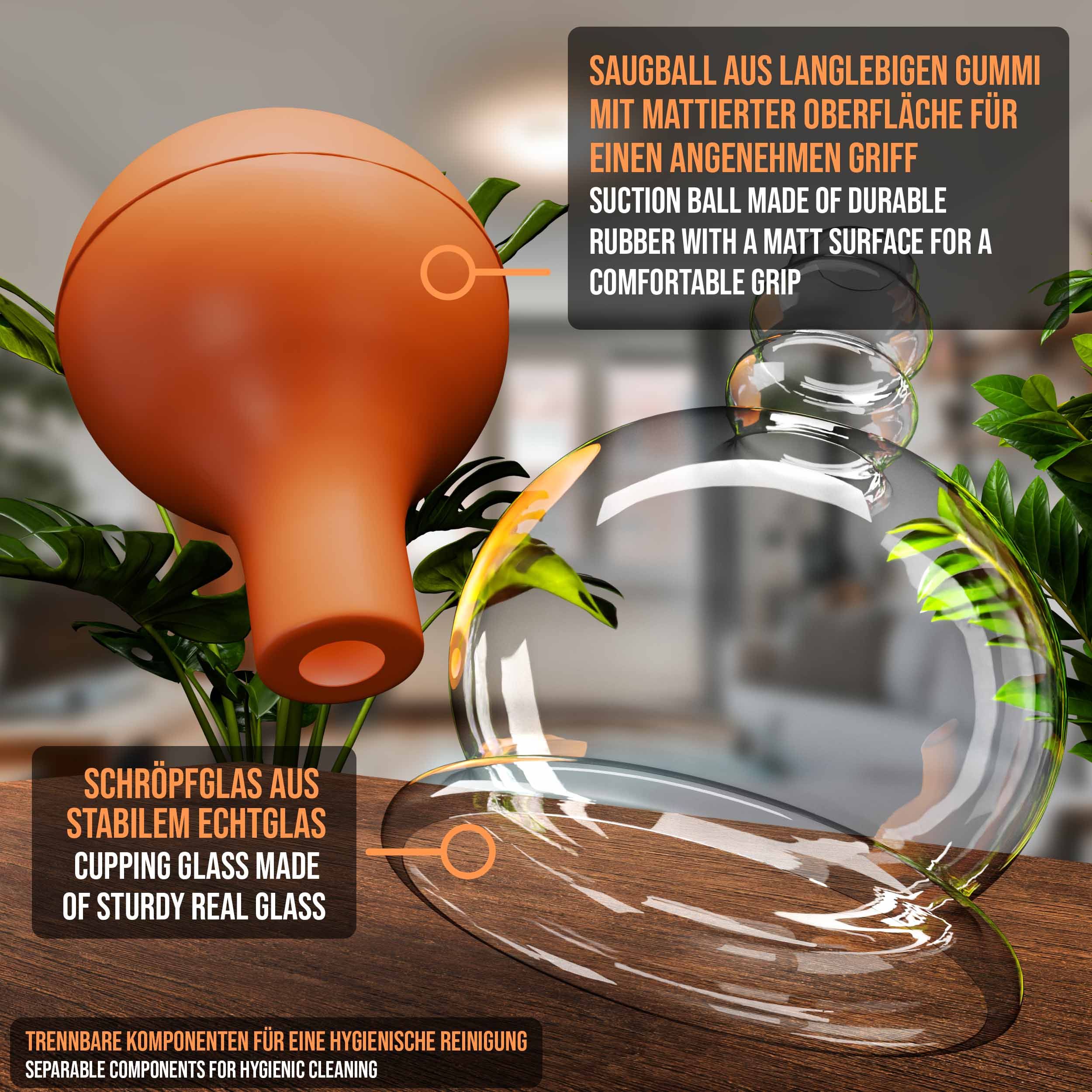 Pulox Schröpfgläser Set aus Echtglas - 5x Schröpfglas mit Saugball, verschiedene Größen in Braun