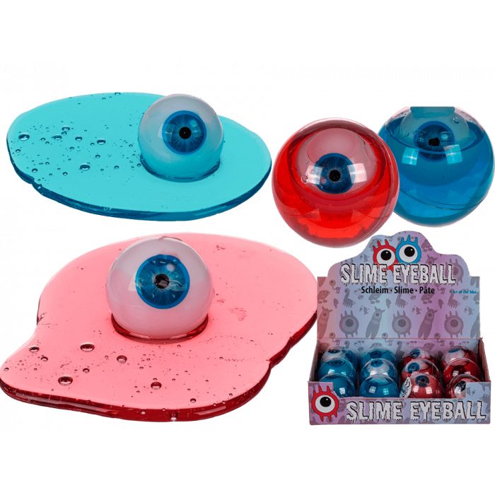 Verschiedenfarbige Schleim-Augen. Blaue, rote und rosa Schleime mit Augäpfeln. Eine Display-Box mit Produktnamen.
