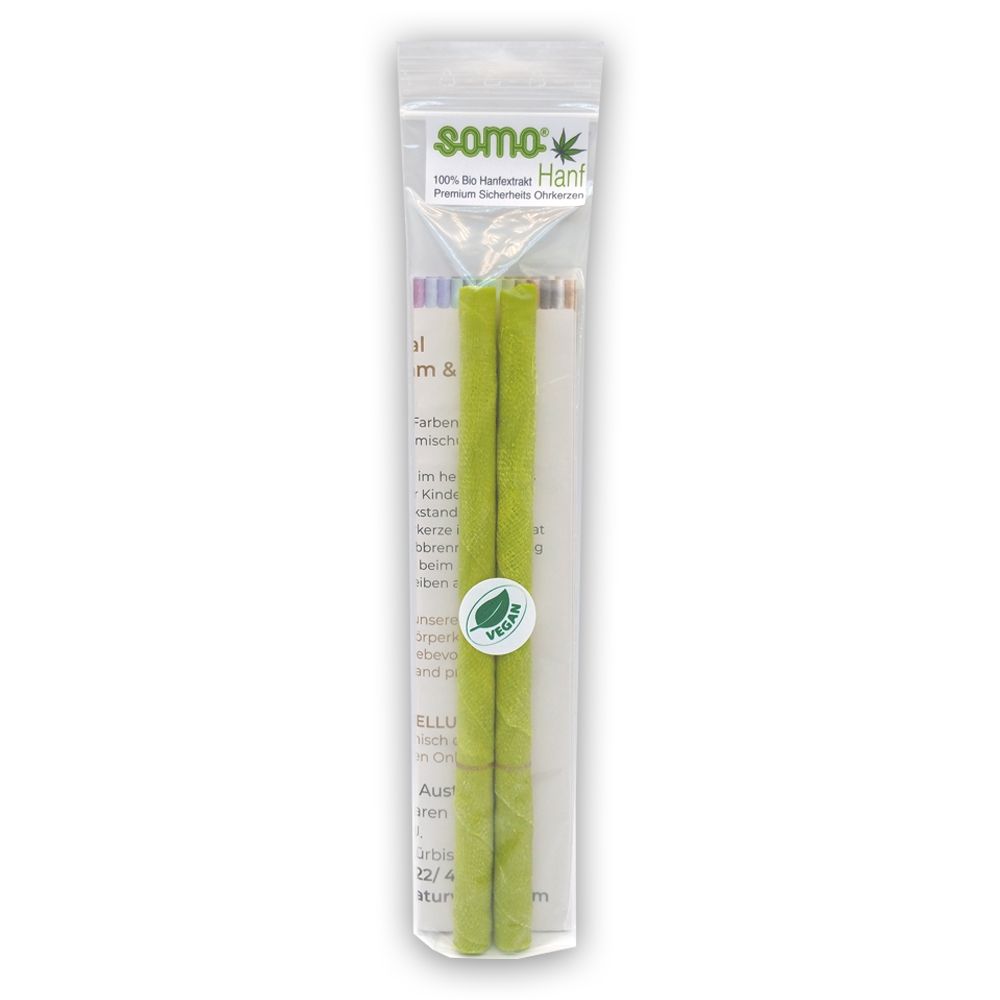 Zwei grüne Ohrkerzen in transparenter Verpackung. Aufdruck: SOMO, Hanf, Vegan-Siegel.