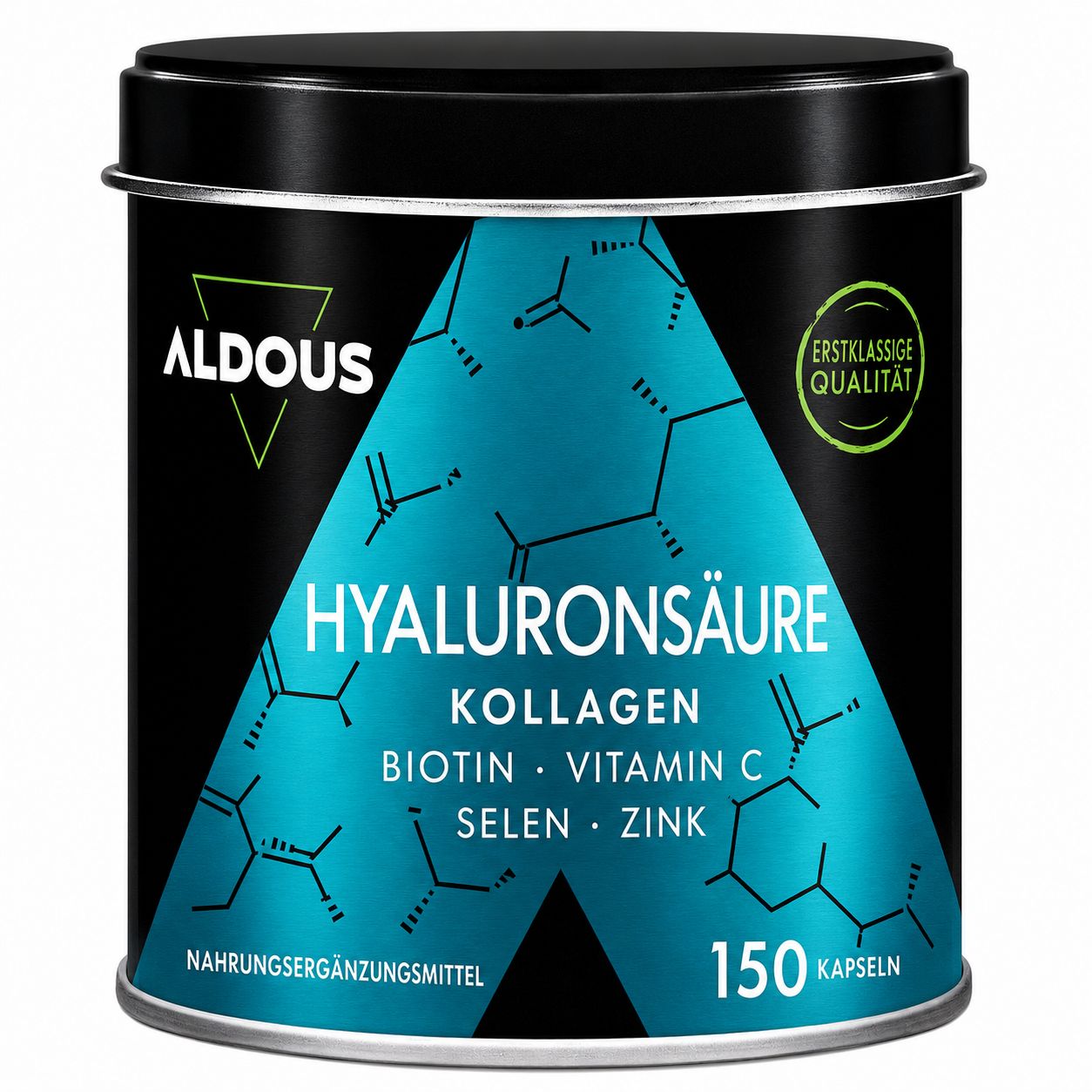 Aldous Dose mit Hyaluronsäure, Kollagen, Biotin, Vitamin C, Selen, Zink. 150 Kapseln.