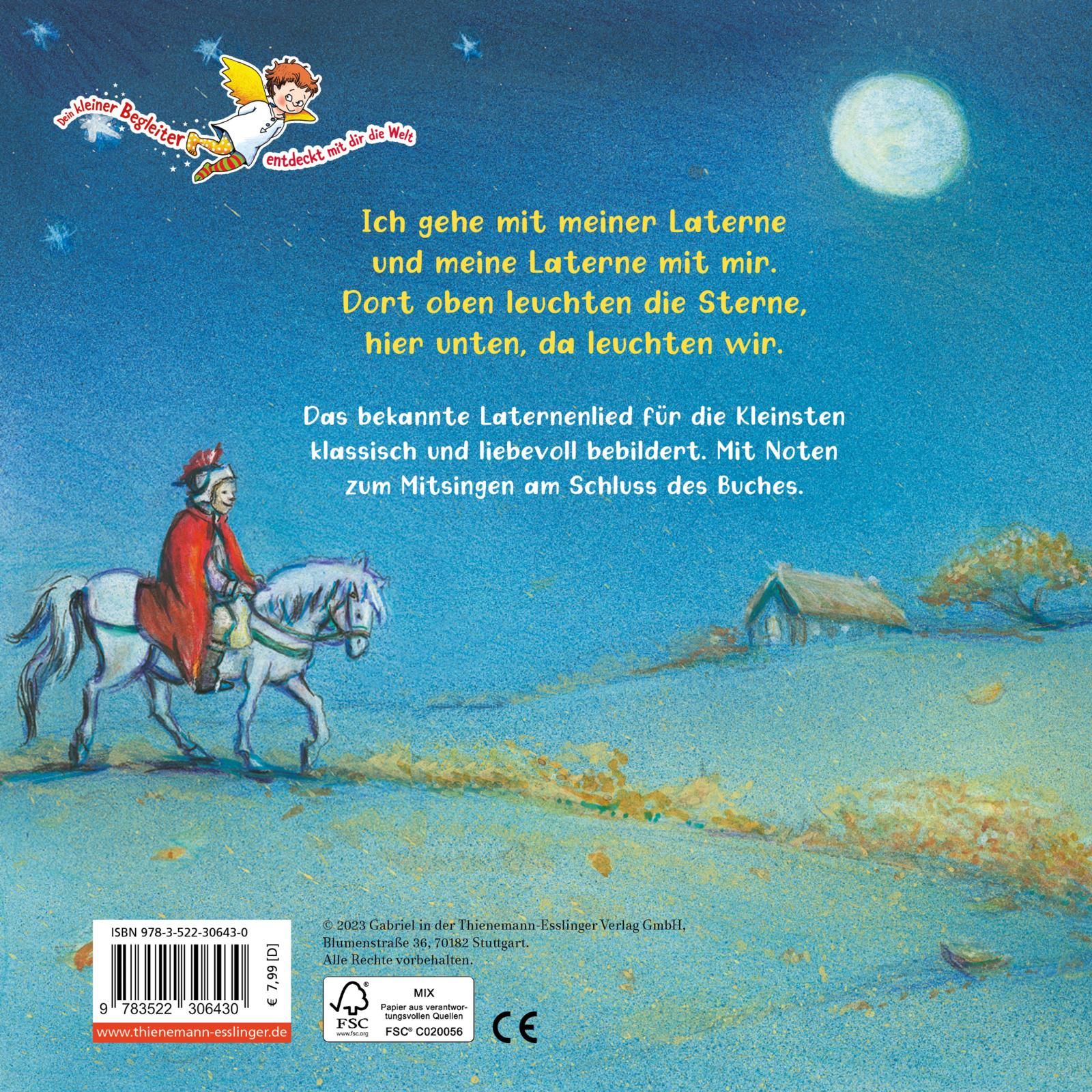 Buchrückseite: Text und Illustration eines Reiters auf einem Pferd. Titel: Ich gehe mit meiner Laterne. Verlag: Gabriel.