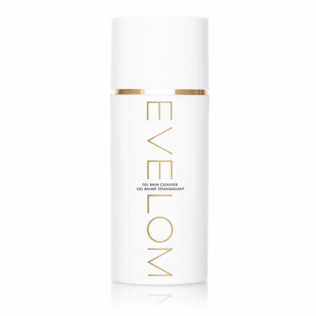 Weißer Zylinder mit goldener Schrift. Aufschrift: EVE LOM, GEL BALM CLEANSER, GEL BAUME DÉMAQUILLANT.