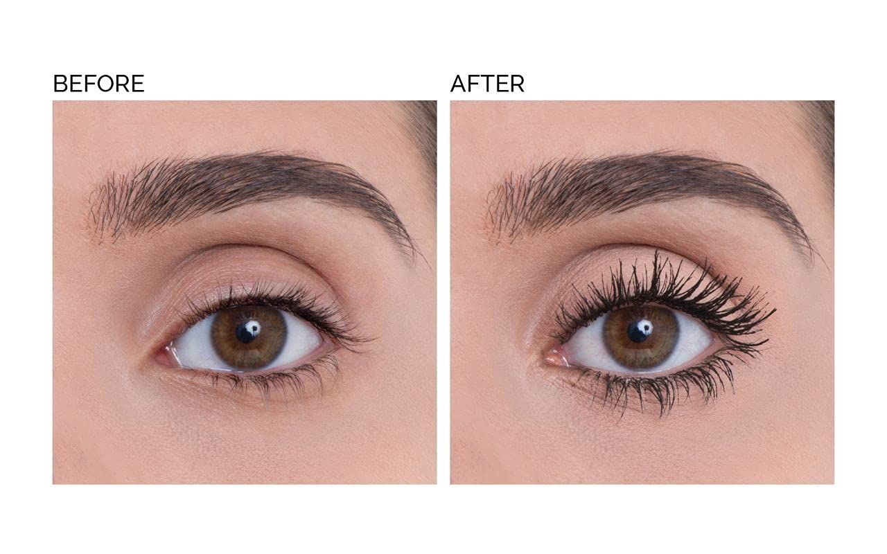 Vorher-Nachher-Vergleich. Augen mit und ohne Mascara. Deutlicher Volumenunterschied.