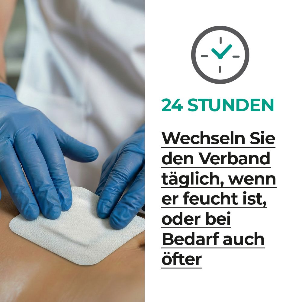 Ein Verband wird von Händen in blauen Handschuhen auf eine Hautpartie gelegt. Daneben steht '24 Stunden' und Anweisungen zum Verbandwechsel.