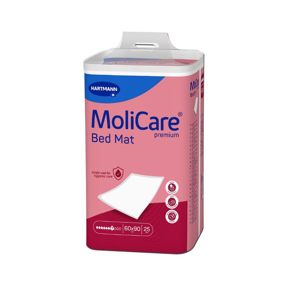 Verpackung mit Betttüchern. Marke Hartmann MoliCare Premium. Rosa Verpackung mit Produktinformationen.