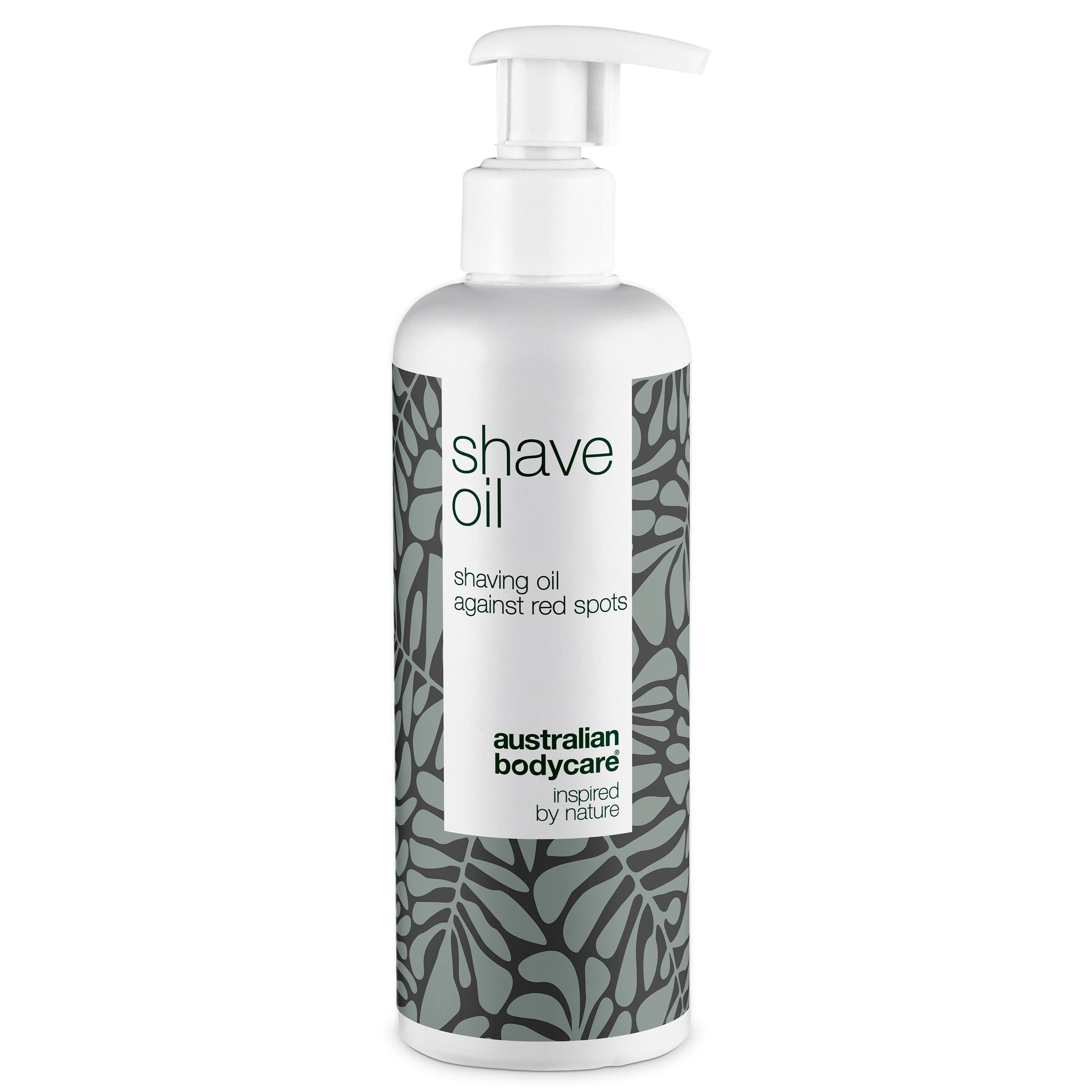 Weiße Flasche mit Pumpe. Aufschrift: Shave Oil, gegen rote Stellen. Marke: Australian Bodycare.