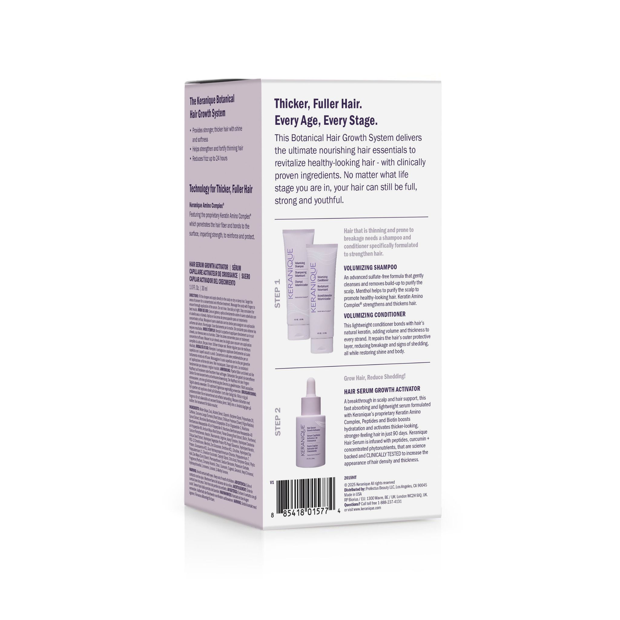 Verpackung von Keranique. Enthält Shampoo, Conditioner und Serum. Text: Botanical Hair Growth System.