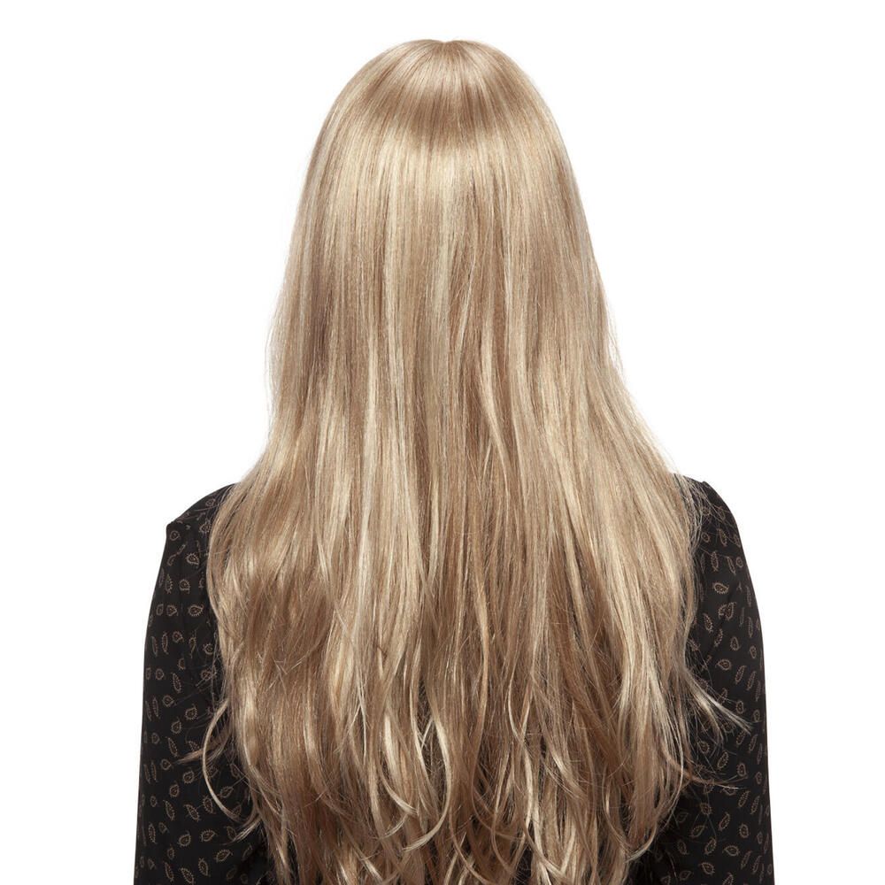 Blonde Perücke mit glattem Haar. Frau mit schwarzem Oberteil. Rückansicht.