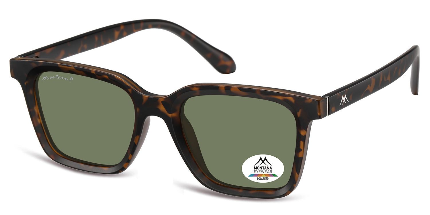 Sonnenbrille mit braunem Rahmen und grünen Gläsern. Das Montana Eyewear Logo ist auf einem Glas zu sehen.