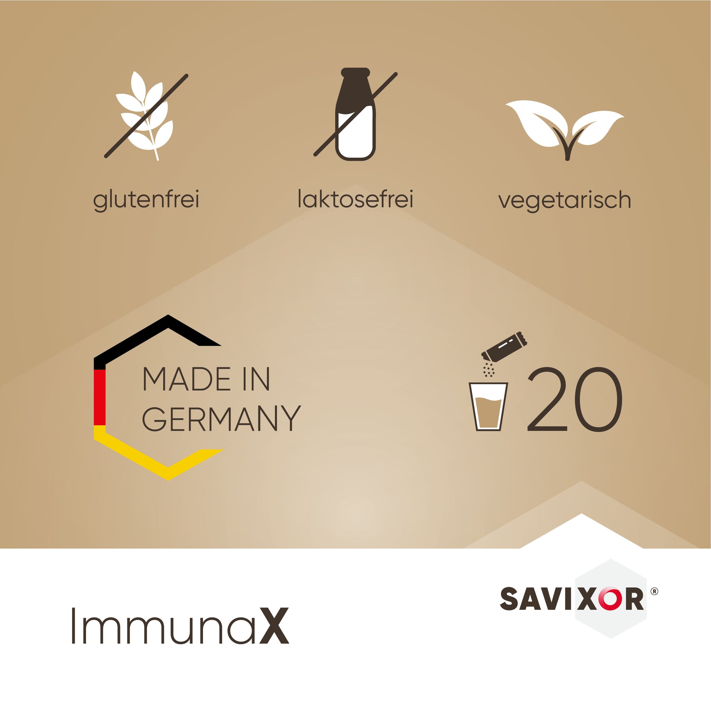 Glutenfrei, laktosefrei, vegetarisch. Made in Germany. 20 Portionen. Savixor ImmunaX Logo und Produktname.