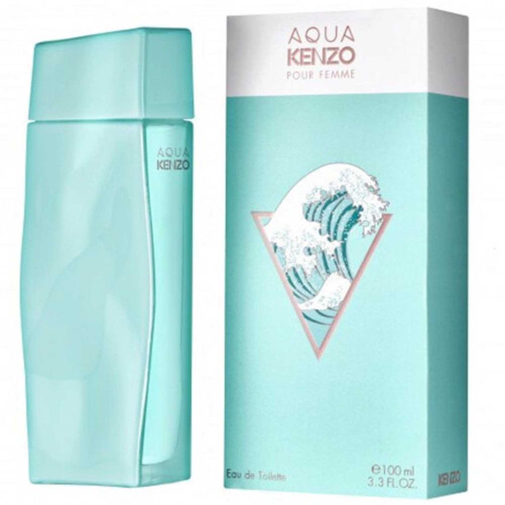 Türkisfarbene Flasche und Verpackung. Verpackung mit Wellenmotiv und Text: Aqua Kenzo Pour Femme.