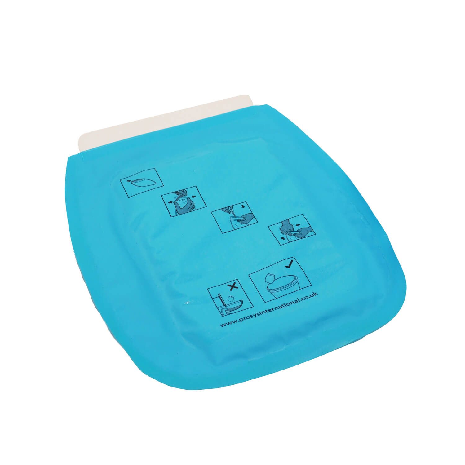 Blauer Beutel mit weißem Verschluss. Aufdruck mit Piktogrammen. Text: www.proxymedicalinternational.co.uk.