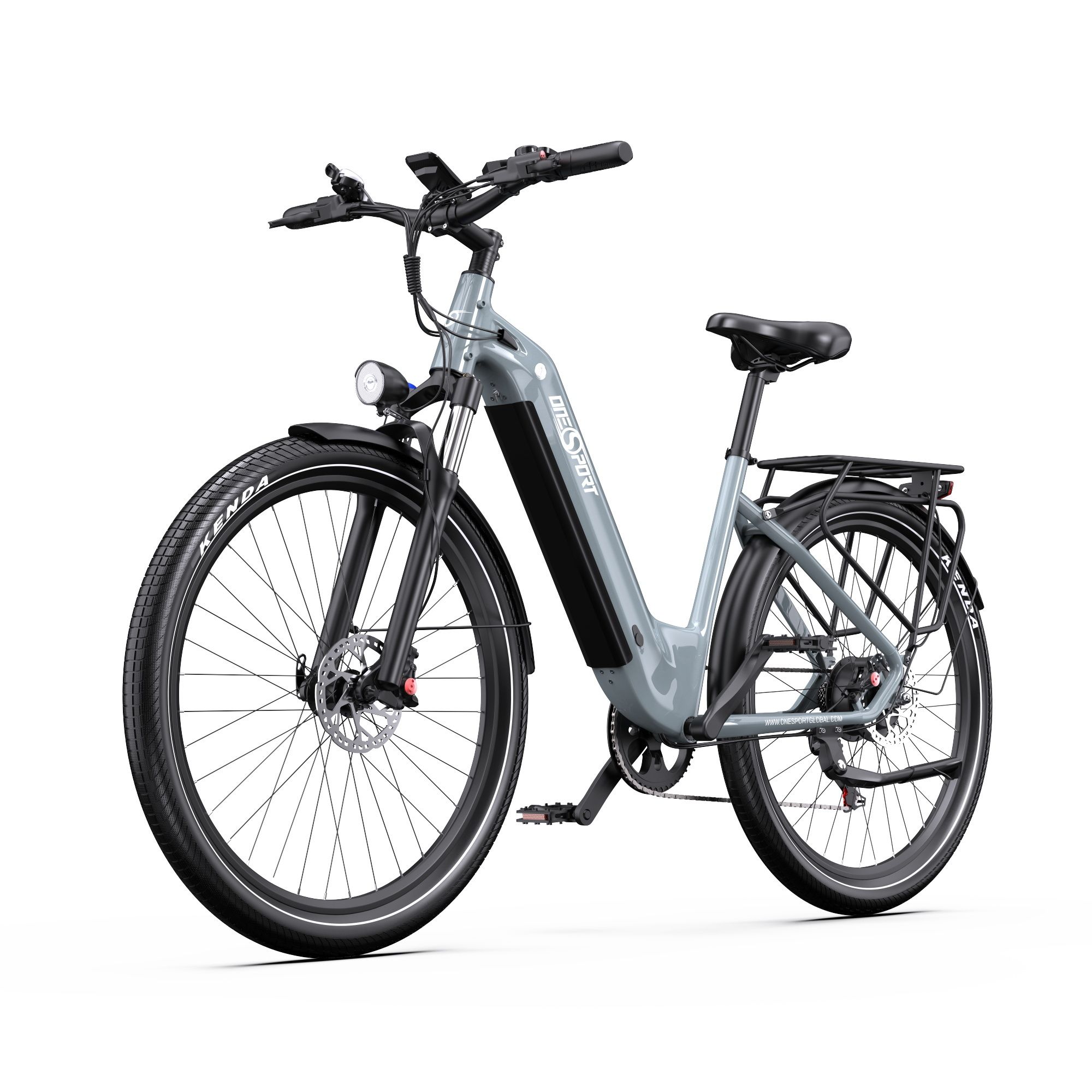 Graues E-Bike, diagonale Ansicht. Gepäckträger, schwarzer Sattel und Reifen. Marke ONESPORT.