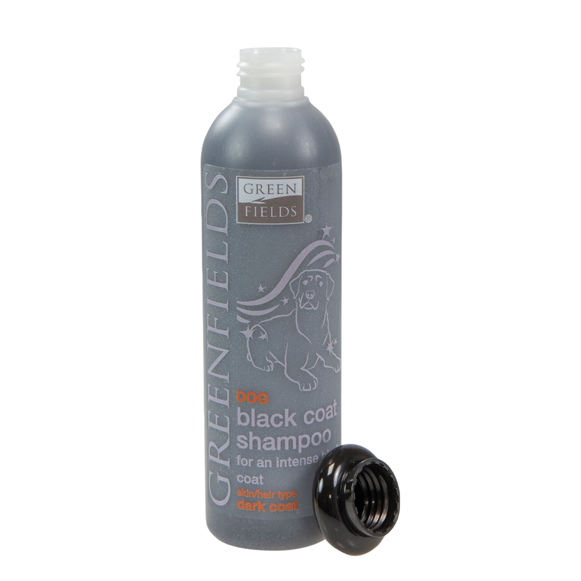 Flasche Hundeshampoo, schwarz, mit Schraubverschluss. Etikett mit Logo und Produktbezeichnung.
