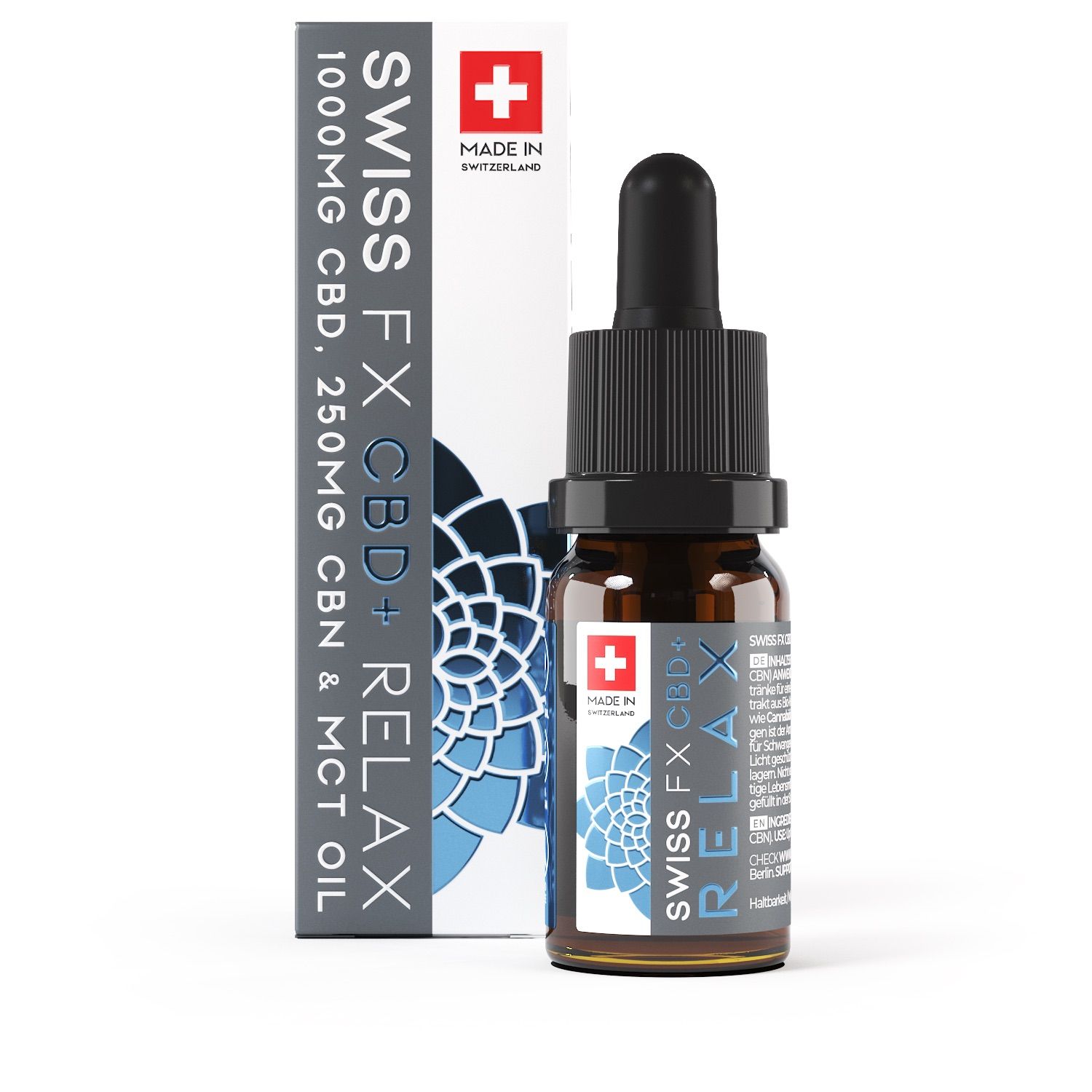 Braune Glasflasche mit Pipette und Verpackung. Aufschrift: SWISS FX CBD+ RELAX, 1000mg CBD. Schweizer Kreuz.