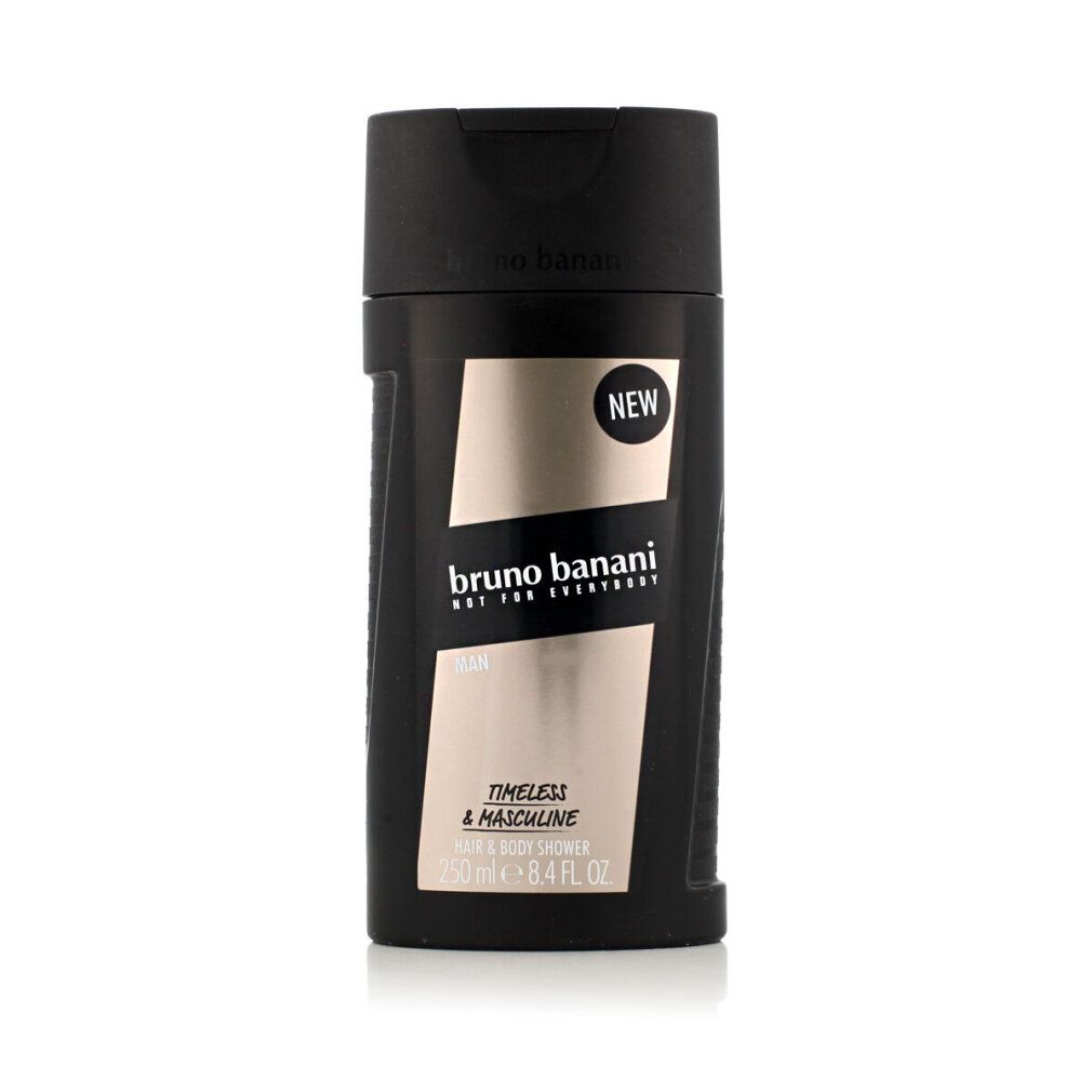 Schwarze Duschgel-Flasche mit "Bruno Banani"-Logo und "Man"-Schriftzug. "Timeless & Masculine" und "NEW" sind ebenfalls sichtbar.