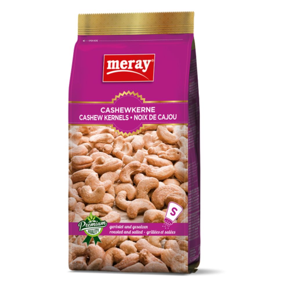 MERAY Cashewkerne Geröstet & Gesalzen. Beutel mit Cashewkernen. Aufschrift: Cashewkerne, geröstet und gesalzen. Premium-Qualität.