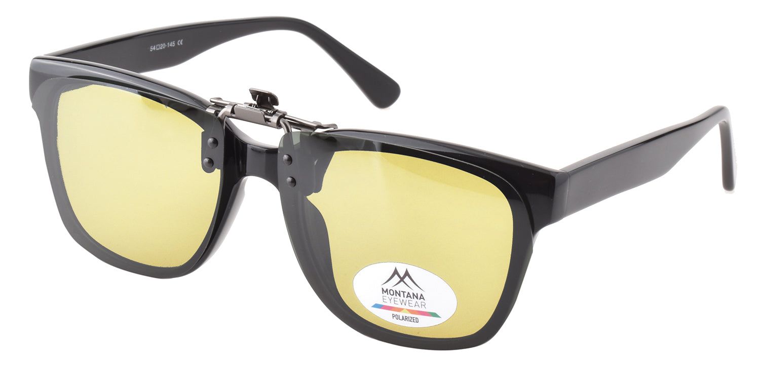 Schwarze Brille mit gelbem Clip-on-Aufsatz. Montana Eyewear Logo und polarisiertes Label.