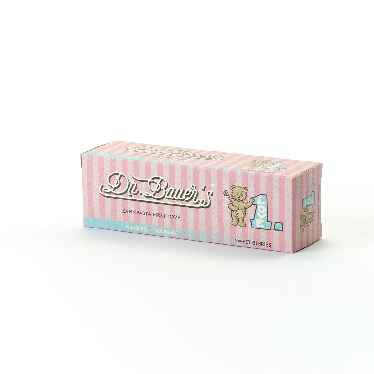 Rosa gestreifte Schachtel mit Bär-Illustration und Schriftzug. Produktname und weitere Details sind sichtbar.