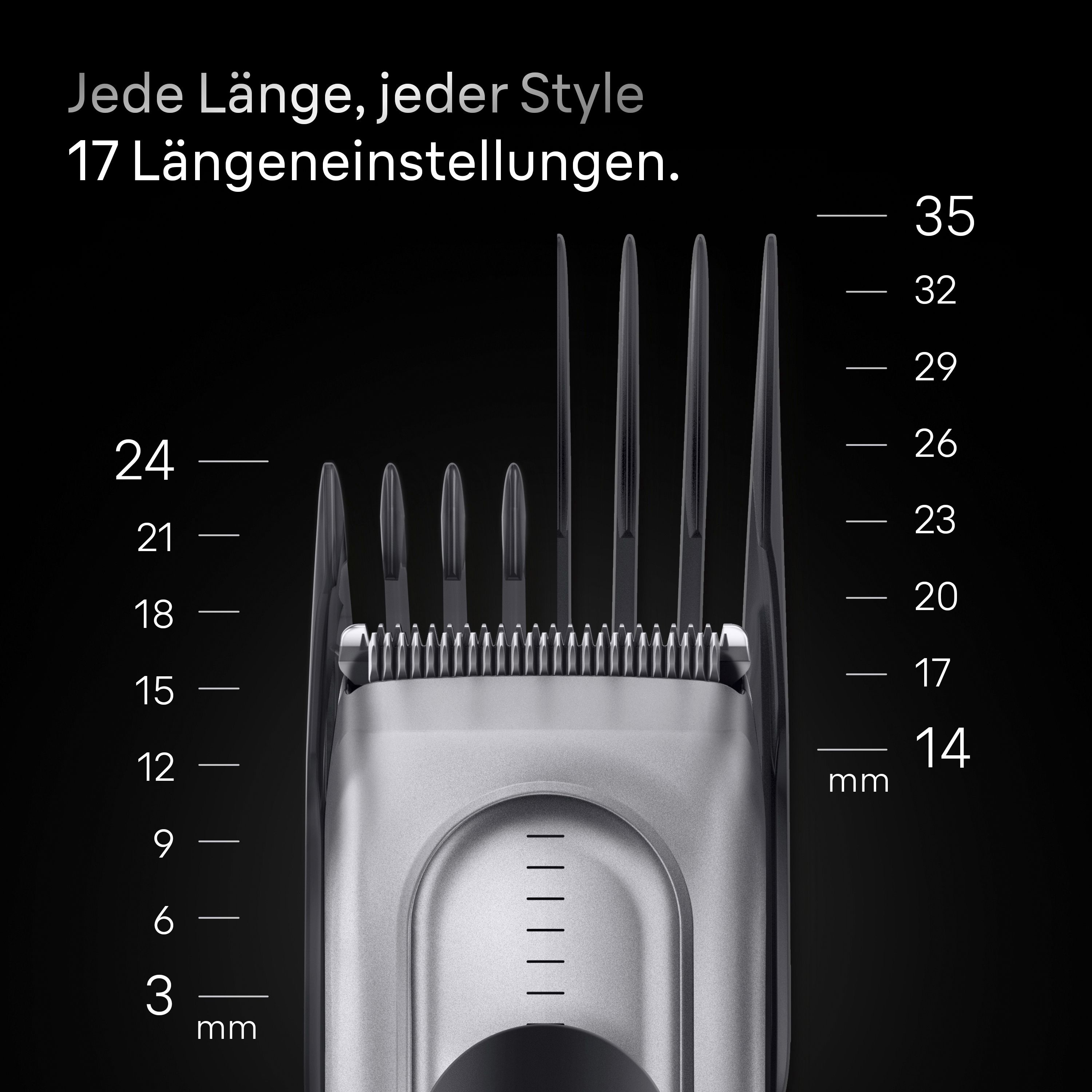 Nahaufnahme des Haarschneiders. Zeigt die Klingen und die Längeneinstellungen von 3 bis 35 mm.
