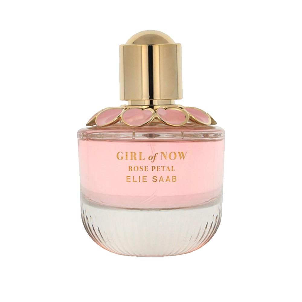 Parfümflakon Girl of Now Rose Petal Elie Saab. Goldener Deckel, blütenförmige Verzierung. Rosa Flüssigkeit in einem Glasflakon.