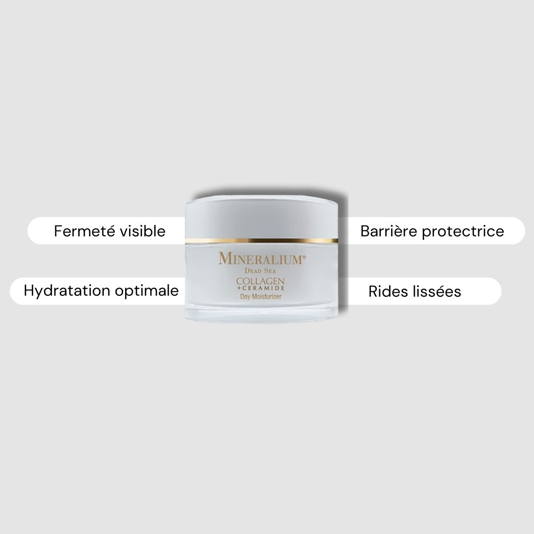 Pot de crème avec texte. Champs de texte : Fermeté visible, hydratation optimale, barrière protectrice, rides lissées.