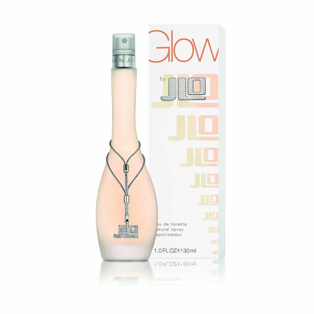 Eau de Toilette-Flakon mit Verpackung. Flakon mit silberfarbener Kette und JLo-Logo. Verpackung mit Glow-Schriftzug und JLo-Logo.