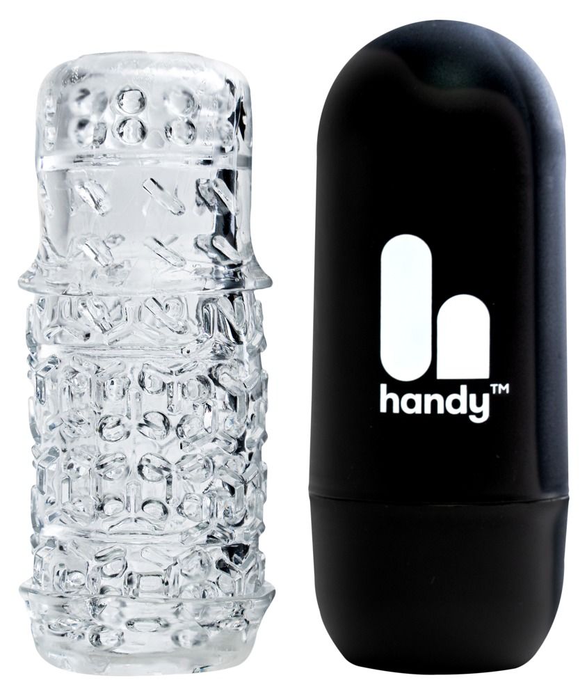 Transparente Hülle mit erhabenen Strukturen und schwarzer Hülle mit "handy" Logo.