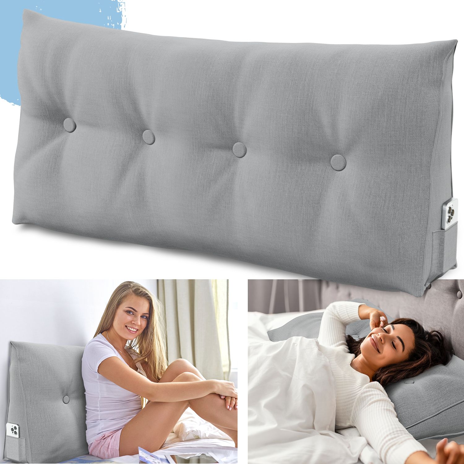 Graues Kissen mit Knöpfen. Mehrere Szenen mit Frauen und Kissen. Kissen mit Tasche.