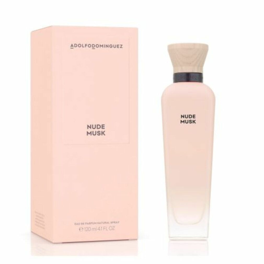 Parfümflasche und Verpackung. Aufschrift: ADOLFODOMINGUEZ, NUDE MUSK. Farbverlauf von rosa nach transparent.