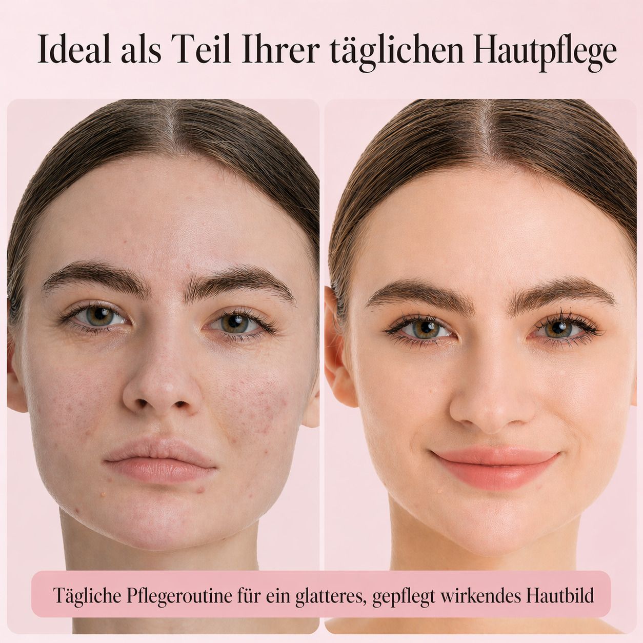 Vorher-Nachher-Vergleich. Links: Haut mit Unreinheiten. Rechts: Glatte Haut. Text: Tägliche Pflegeroutine.