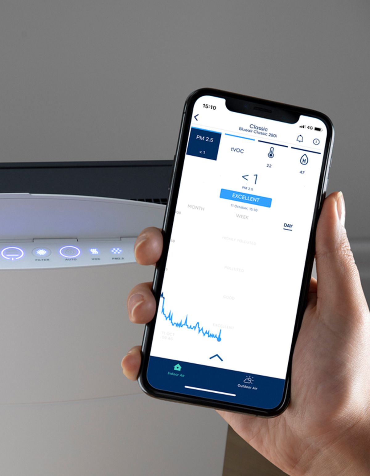 Smartphone zeigt Luftqualitätsdaten. Luftreiniger im Hintergrund. Gerät mit Touch-Bedienelementen.