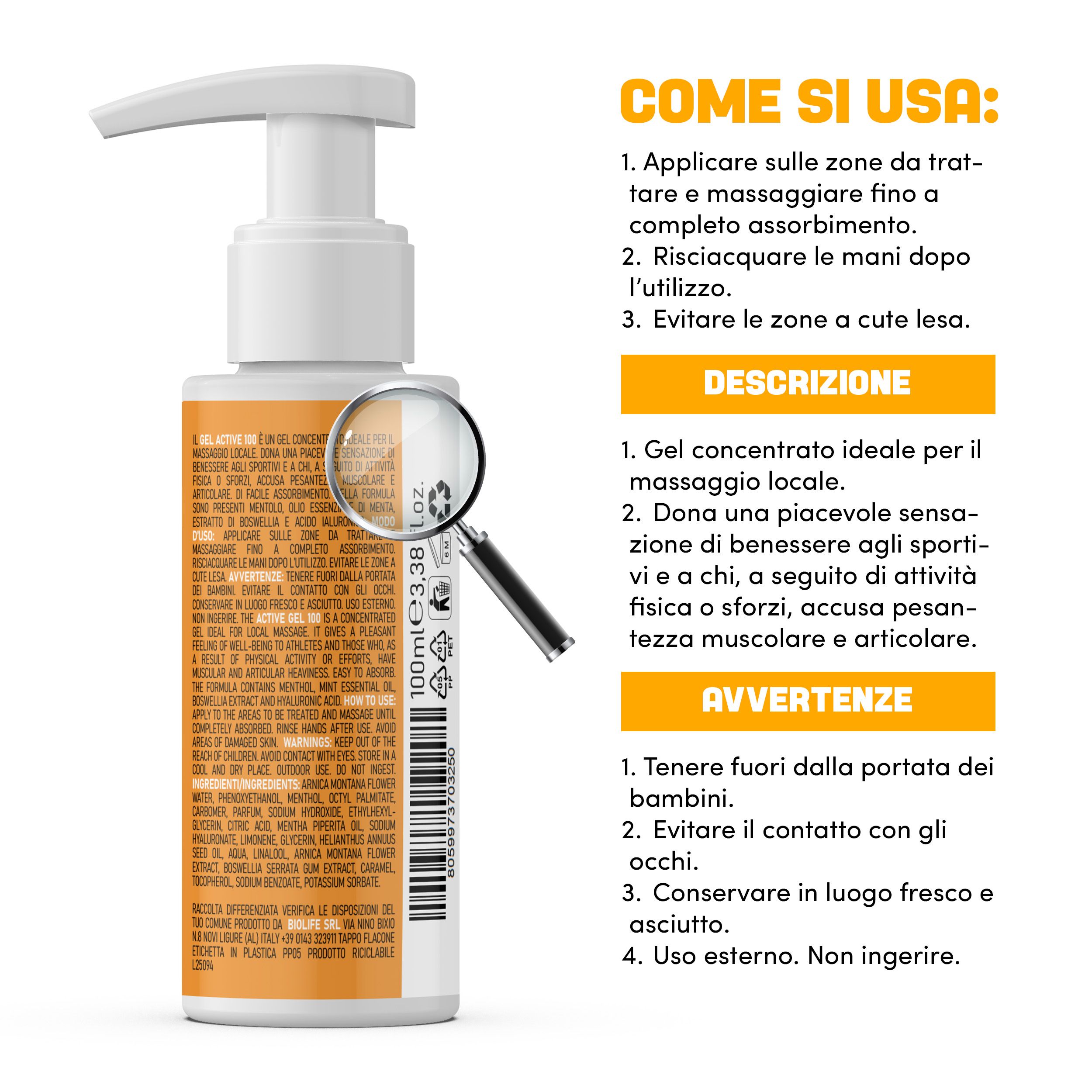 Gel-Flasche mit Pumpverschluss. Text: 100ml, 3.38 fl oz. Text: COME SI USA: 1. Applicare... 2. Risciacquare... 3. Evitare... AVVERTENZE: 1. Tenere fuori... 2. Evitare... 3. Conservare... 4. Uso esterno.