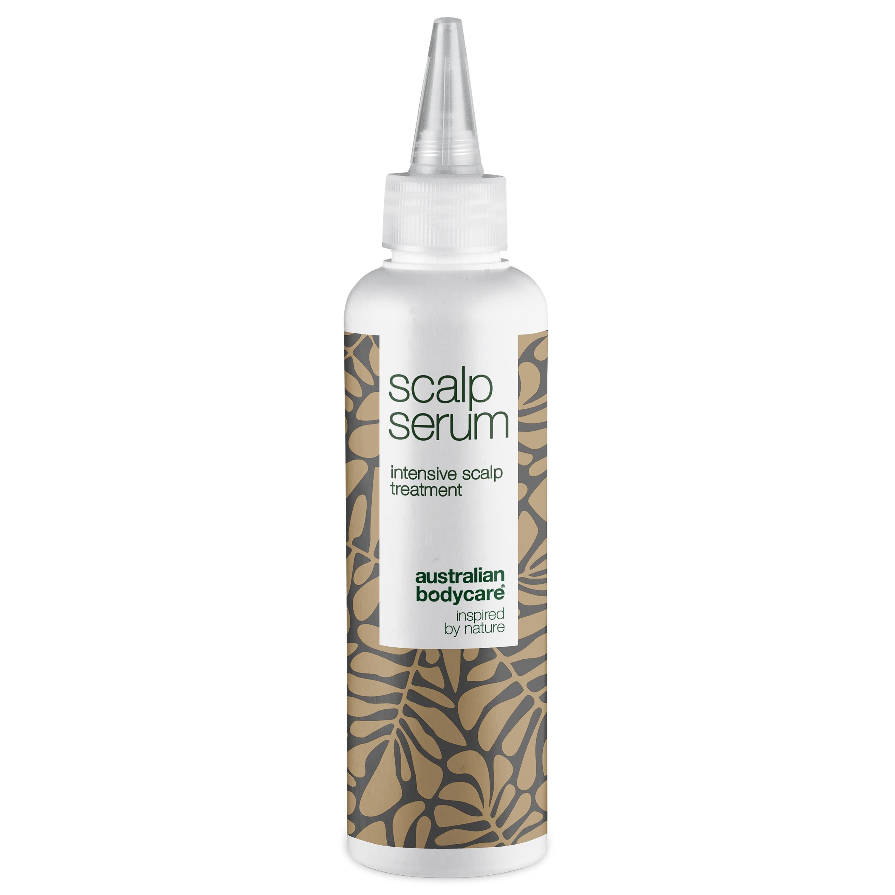 Wit serum met applicator. Opschrift: Scalp Serum, Intensive Scalp Treatment. Merk: Australian Bodycare.