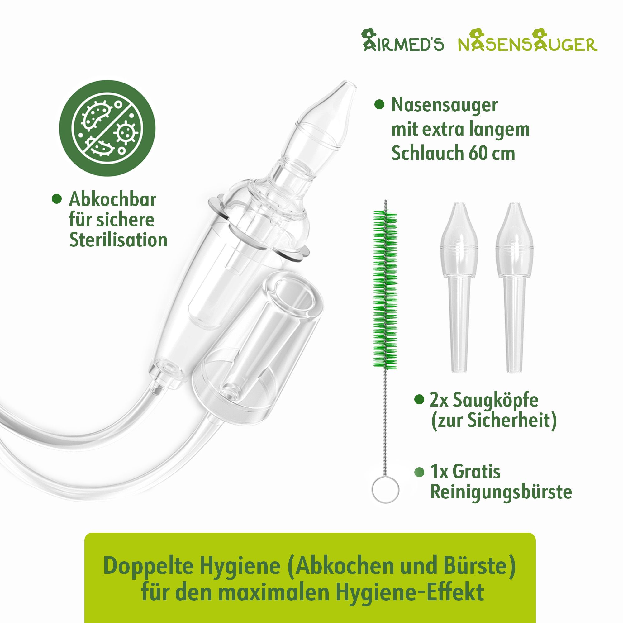 Airmed's Nasensauger. Nasensauger mit Zubehör: 2 Saugköpfe, Reinigungsbürste. Text: Doppelte Hygiene (Abkochen und Bürste) für maximalen Hygiene-Effekt.