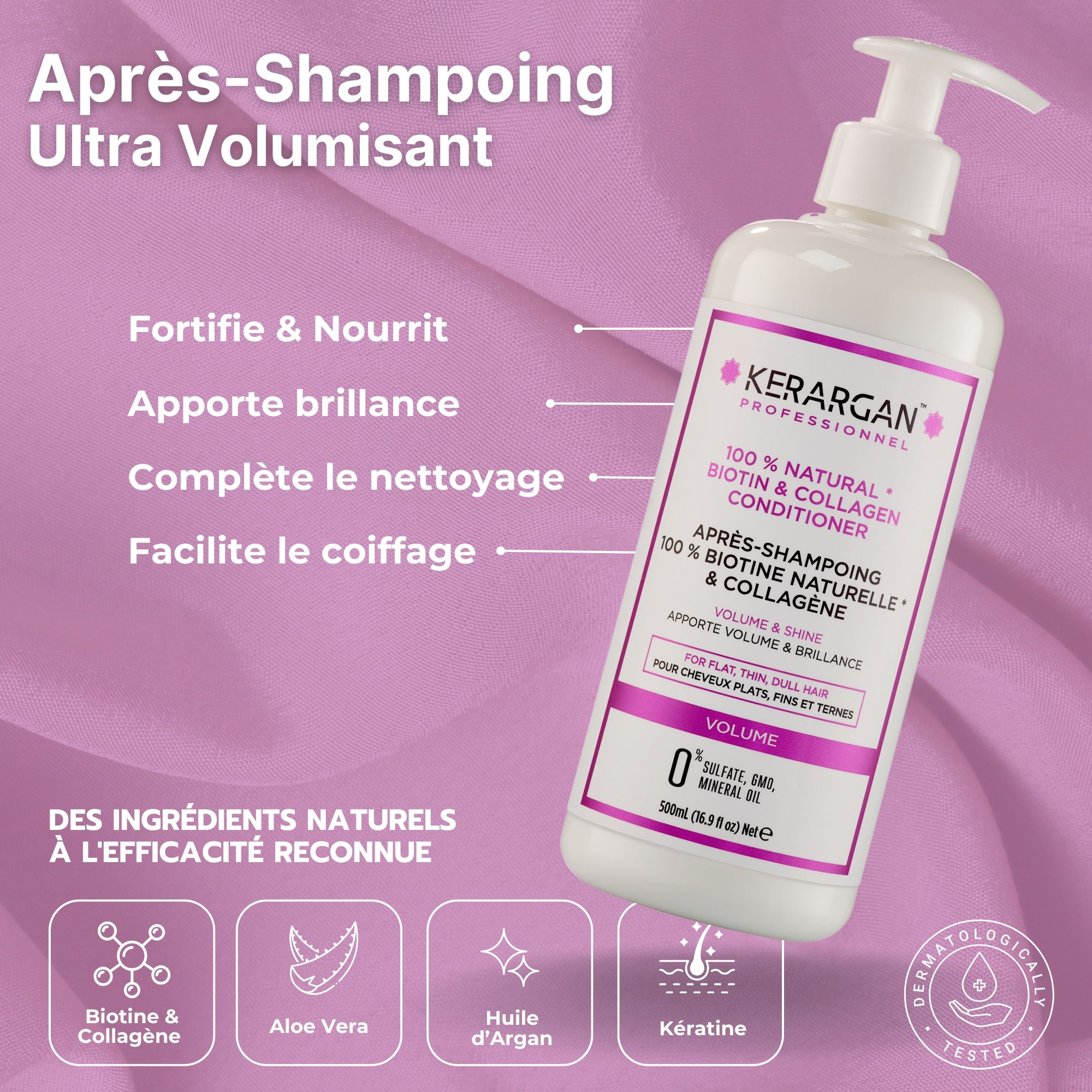 Flacon d'après-shampooing Kerargan. Blanc avec étiquette rose. Texte : Biotine & Collagène. Volume & Brillance. 500ml.