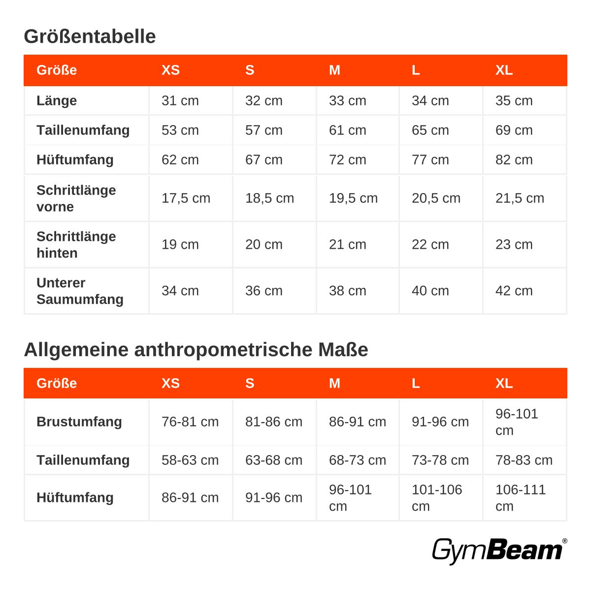 Größentabelle für GymBeam Shorts Damen slim mit hoher Taille und Gummizug Black.