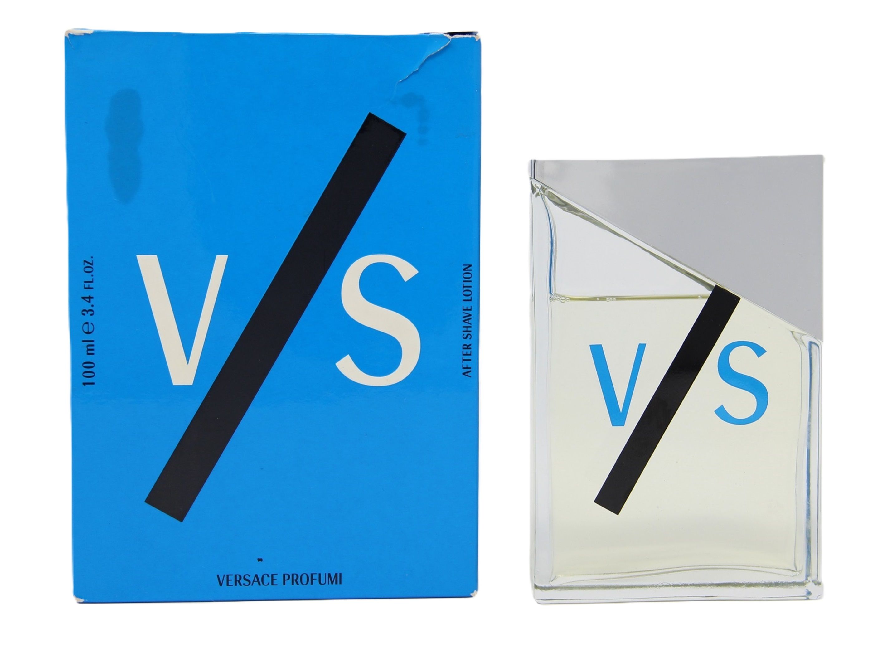 Blaues Rechteck mit weißem "V/S" und schwarzem Balken. Daneben eine rechteckige Flasche mit silbernem Deckel und "V/S".
